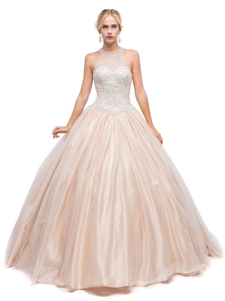 Dancing Queen Bridal - 1169 Sophisticated Halter Illusion Long Gown Special Occasion Dress XS / Champagne