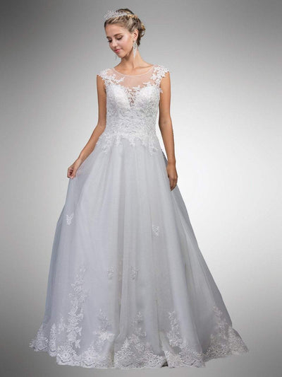 Dancing Queen Bridal - 23 Cap Sleeve Illusion Floral Appliqued Ballgown Bridal Dresses XS / Off White