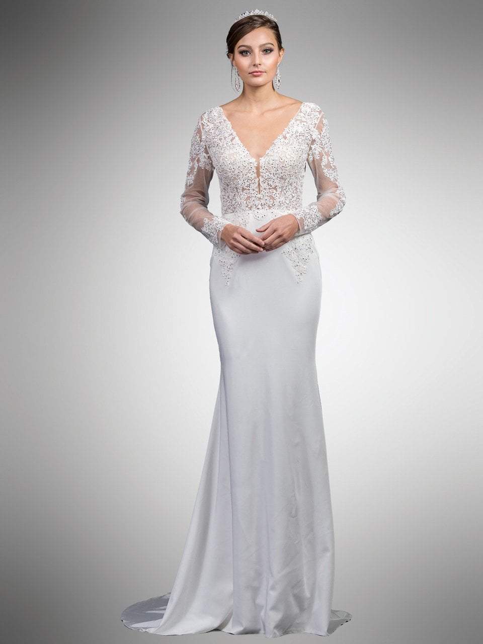 Dancing Queen Bridal - 52 Beaded Lace Long Sleeve V-neck Sheath Dress Bridal Dresses XS / Off White