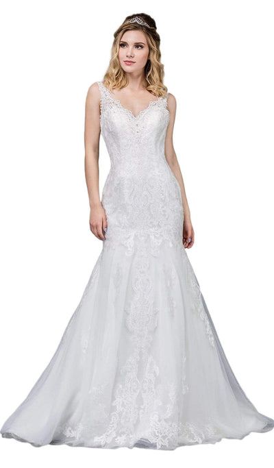 Dancing Queen Bridal - 68 Applique V-neck Trumpet Gown With Train Special Occasion Dress XS / Off White
