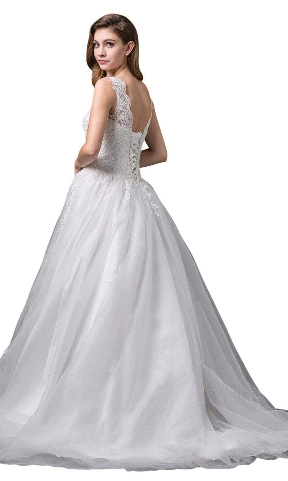 Dancing Queen Bridal - Scalloped V-Neck Lace Up Back Embellished Ballgown 71SC In White