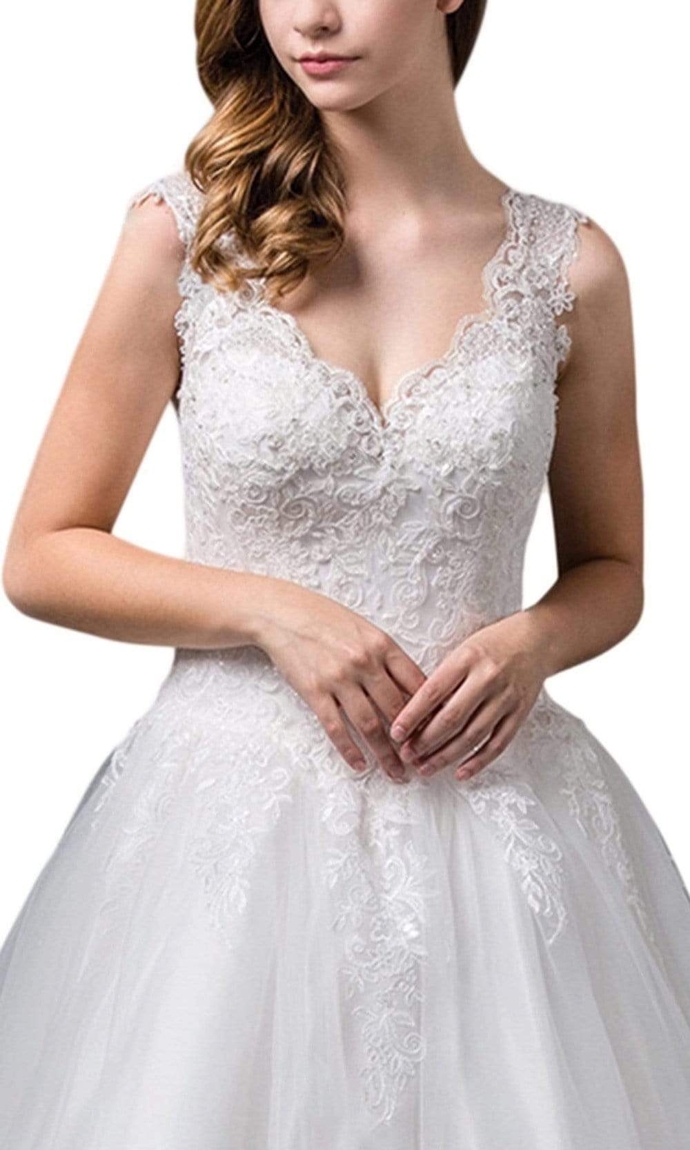 Dancing Queen Bridal - Scalloped V-Neck Lace Up Back Embellished Ballgown 71SC In White