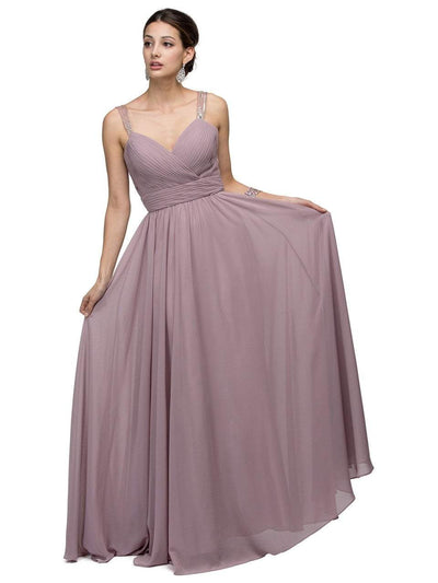 Dancing Queen Bridal - 9471 Romantic Jewel-accented Ruched V-neck Ball Gown Bridesmaid Dresses XS / Mocha