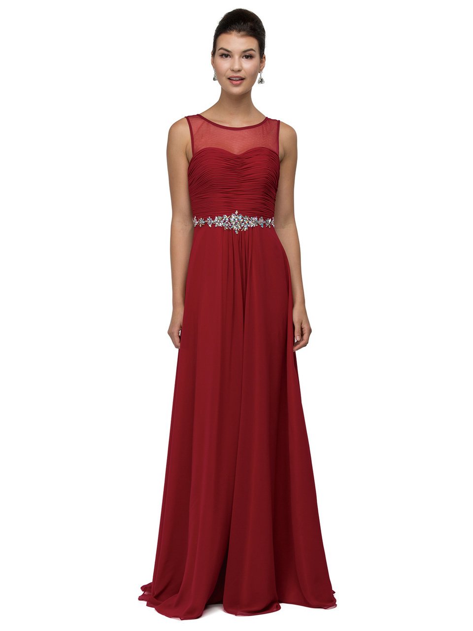 Dancing Queen Bridal - 9541 Ruched Illusion Sweetheart Jewel-banded Chiffon A-line Dress Bridesmaid Dresses XS / Burgundy