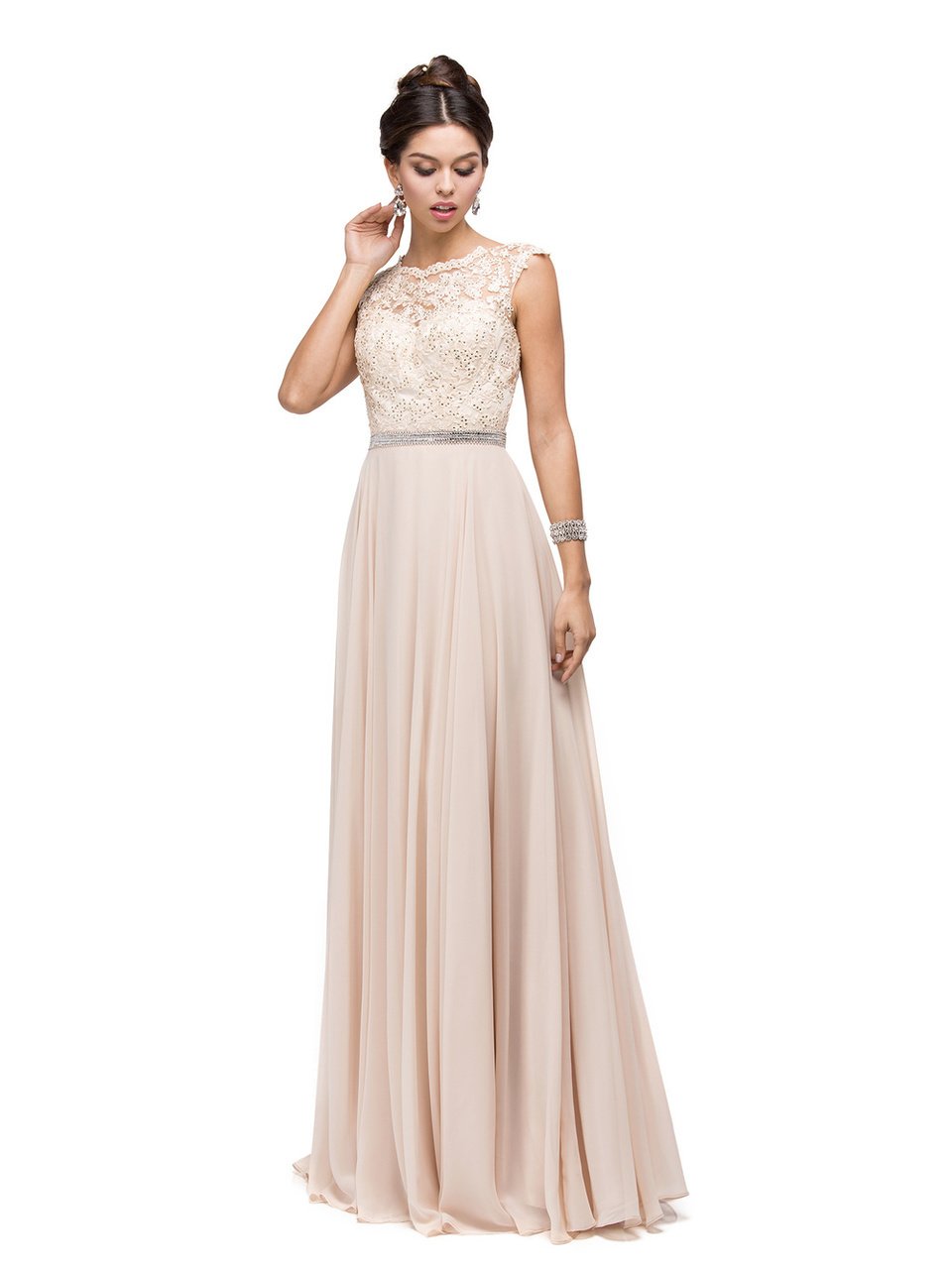 Dancing Queen Bridal - 9675 Illusion-Lace Bodice Chiffon A-Line Dress Bridesmaid Dresses XS / Champagne