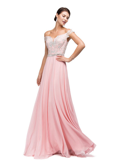 Dancing Queen Bridal - 9701 Off-the-Shoulder Long Prom Dress with Lace Applique Prom Dresses XS / Blush