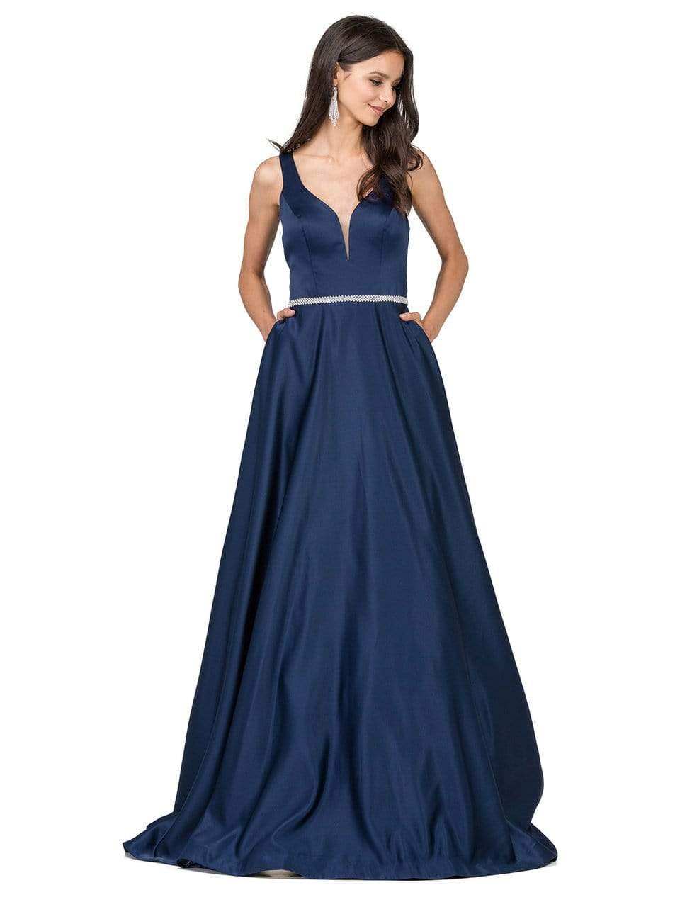 Dancing Queen Bridal - 9754 Classic Long Satin Prom Dress with V-back and Plunging Neckline Prom Dresses XS / Navy