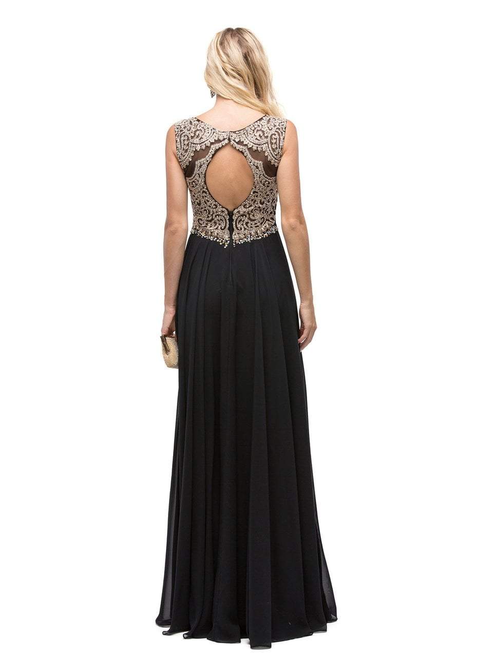 Dancing Queen Bridal - 9826 Gilded Lace Illusion A-Line Prom Dress Bridesmaid Dresses XS / Black