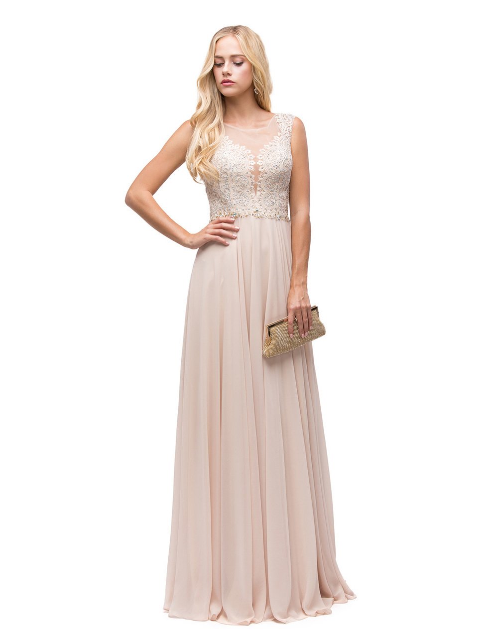 Dancing Queen Bridal - 9826 Gilded Lace Illusion A-Line Prom Dress Bridesmaid Dresses XS / Champagne