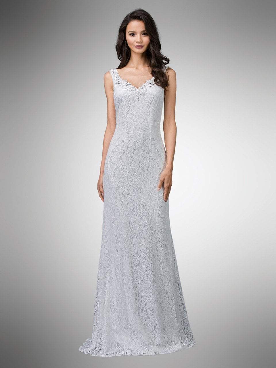 Dancing Queen Bridal - 9981 Bedazzled Lace V-neck Sheath Dress Bridal Dresses XS / Off White