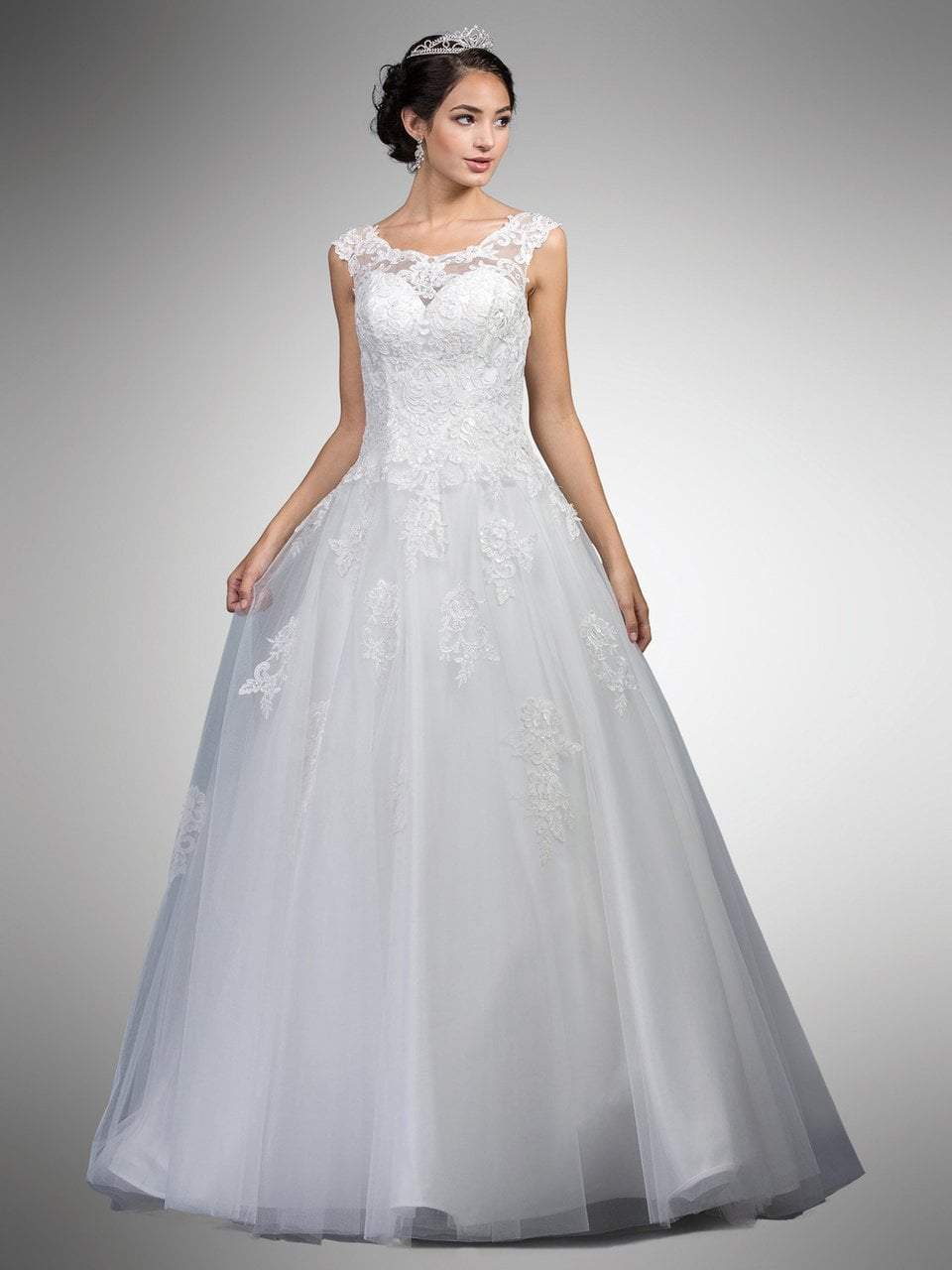 Dancing Queen Bridal - A7002 Embellished Lace Illusion Bateau Ballgown Bridal Dresses XS / Off White