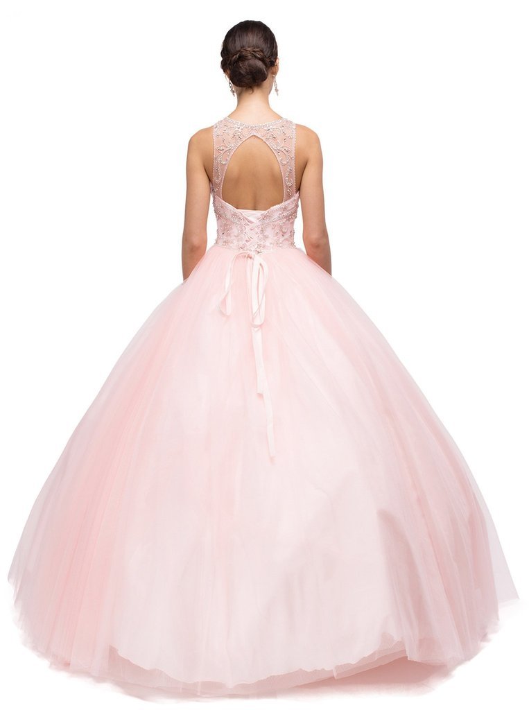 Dancing Queen - Embellished Illusion Jewel Neckline Quinceanera Ball Gown 1160 CCSALE XL / Blush