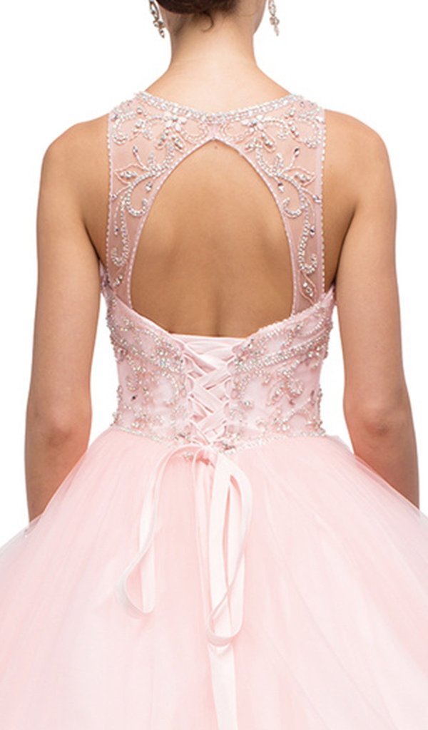 Dancing Queen - Embellished Illusion Jewel Neckline Quinceanera Ball Gown 1160 CCSALE XL / Blush