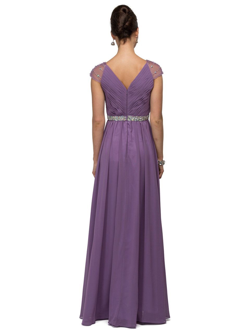 Dancing Queen Illusion Cap Sleeve Pleated V-Neck Chiffon Evening Dress 9182 CCSALE