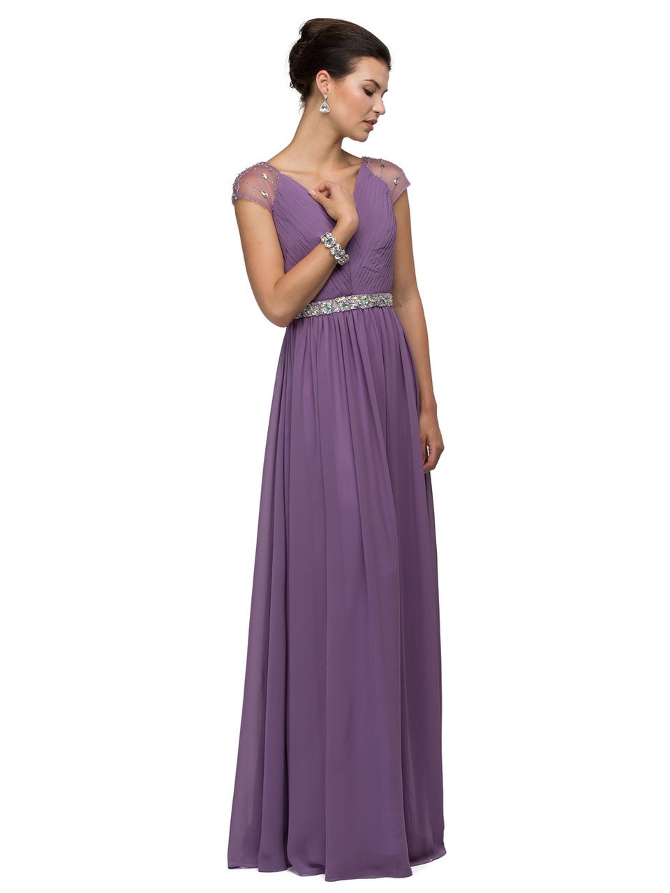 Dancing Queen Illusion Cap Sleeve Pleated V-Neck Chiffon Evening Dress 9182 CCSALE S / Dusty Lilac