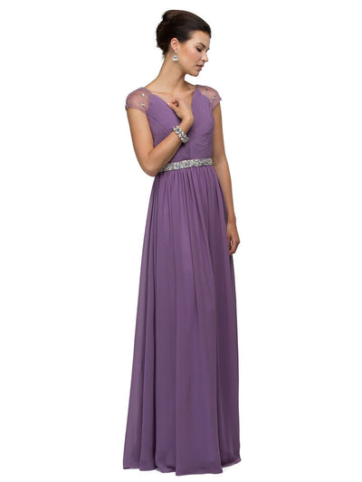 Dancing Queen Illusion Cap Sleeve Pleated V-Neck Chiffon Evening Dress 9182 CCSALE S / Dusty Lilac