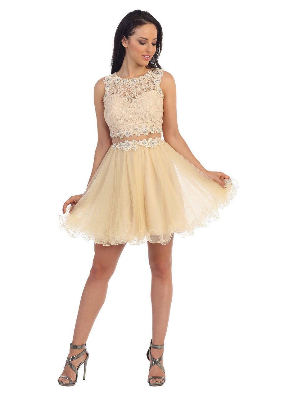 Dancing Queen Sleeveless Lace Illusion Tulle Short Prom Dress 9080 CCSALE 3XL / Black