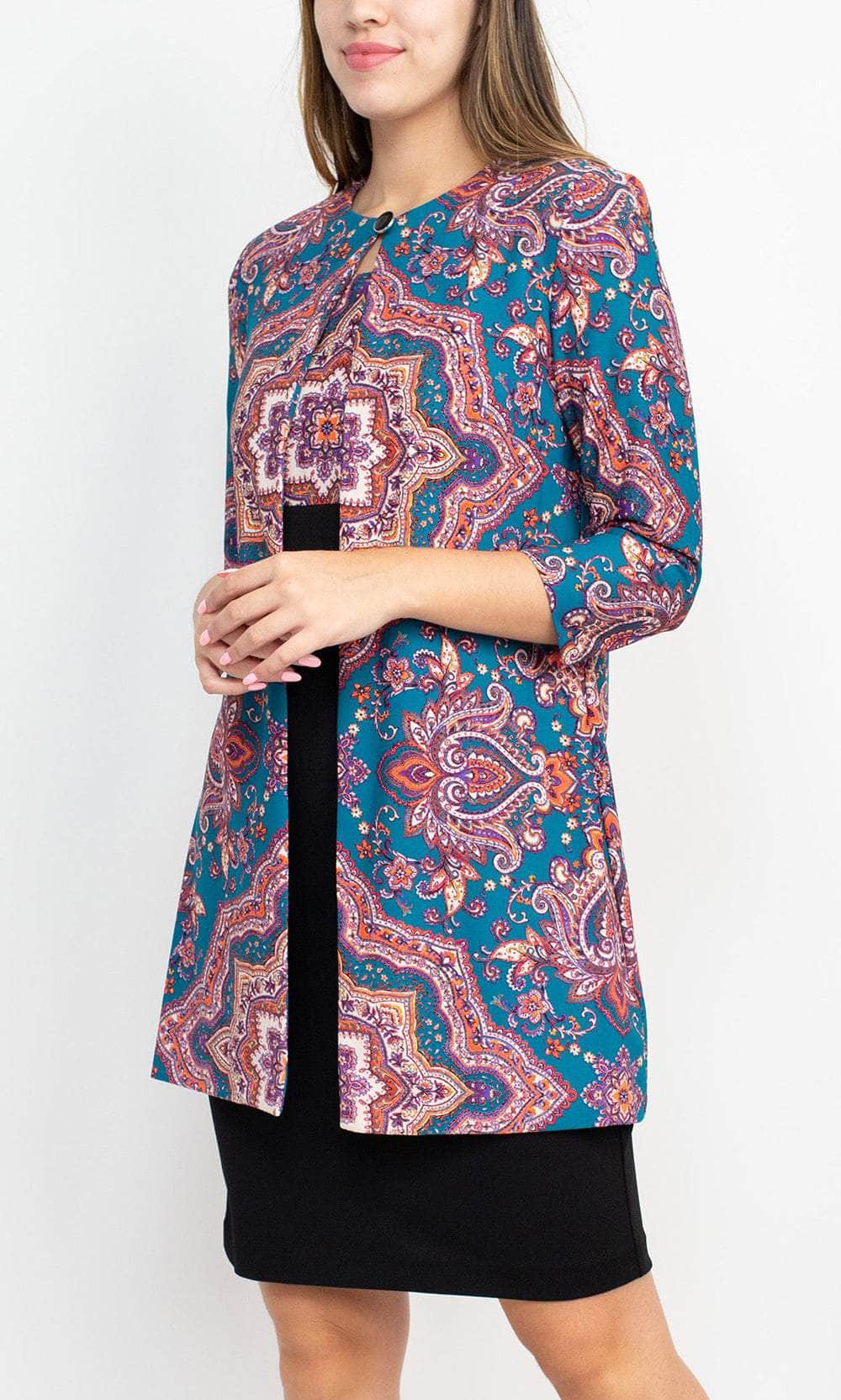Danny & Nicole Scoop Neck Sleeveless Zipper Back Multi Print Crepe Dress with Matching Jacket Black TEAL / 8 Danny & Nicole Scoop Neck Sleeveless Zipper Back Multi Print Crepe Dress with Matching Jacket Black TEAL / 8