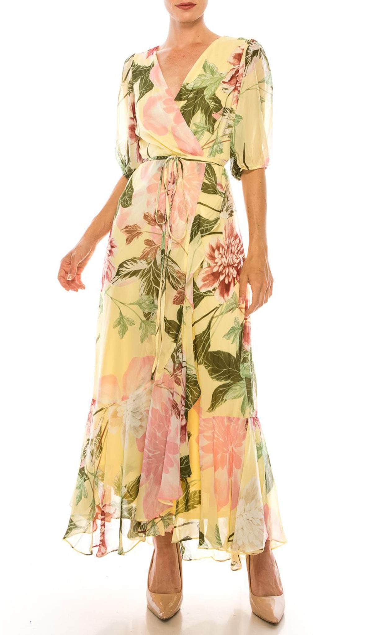 Danny & Nicole 91569MZ - Floral Printed Long Dress Special Occasion Dress 0 / Yellow Blush