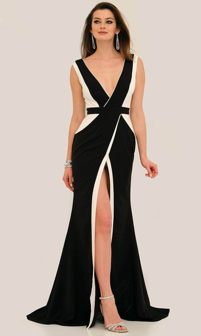 Dave & Johnny 11297 - Front Slit V-Neck Prom Gown Special Occasion Dress 00 /  Black/White