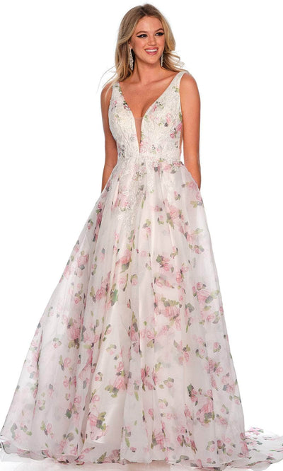 Dave & Johnny 11427 - Embroidered Sleeveless Gown Special Occasion Dress 00 /  White Print