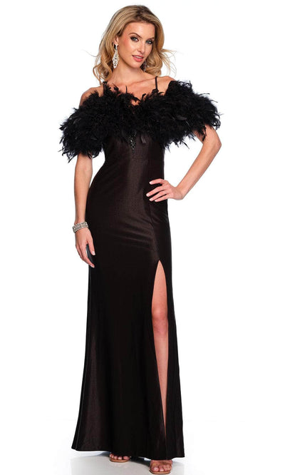 Dave & Johnny 11436 - Feather Detailed Satin Gown Special Occasion Dress 00 /  Black