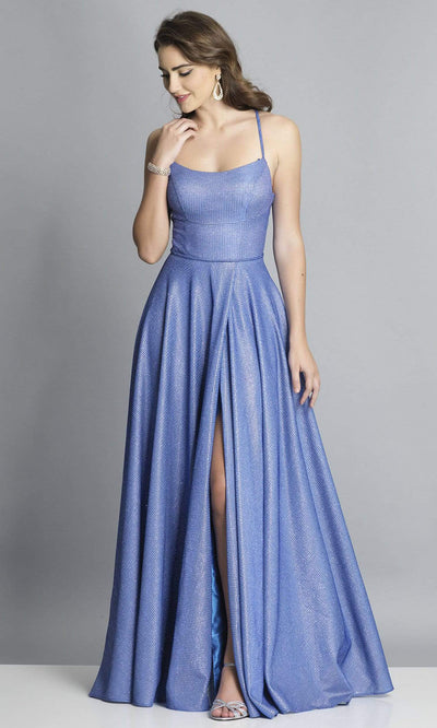 Dave & Johnny - A6933SC Sleeveless Glitter Knit Pleated High Slit Gown In Blue