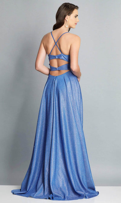 Dave & Johnny - A6933SC Sleeveless Glitter Knit Pleated High Slit Gown In Blue