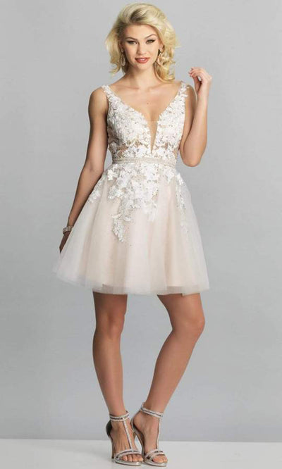 Dave & Johnny - A8341 Lace Appliqued Pearl Beaded Tulle Fit and Flare Short Dress