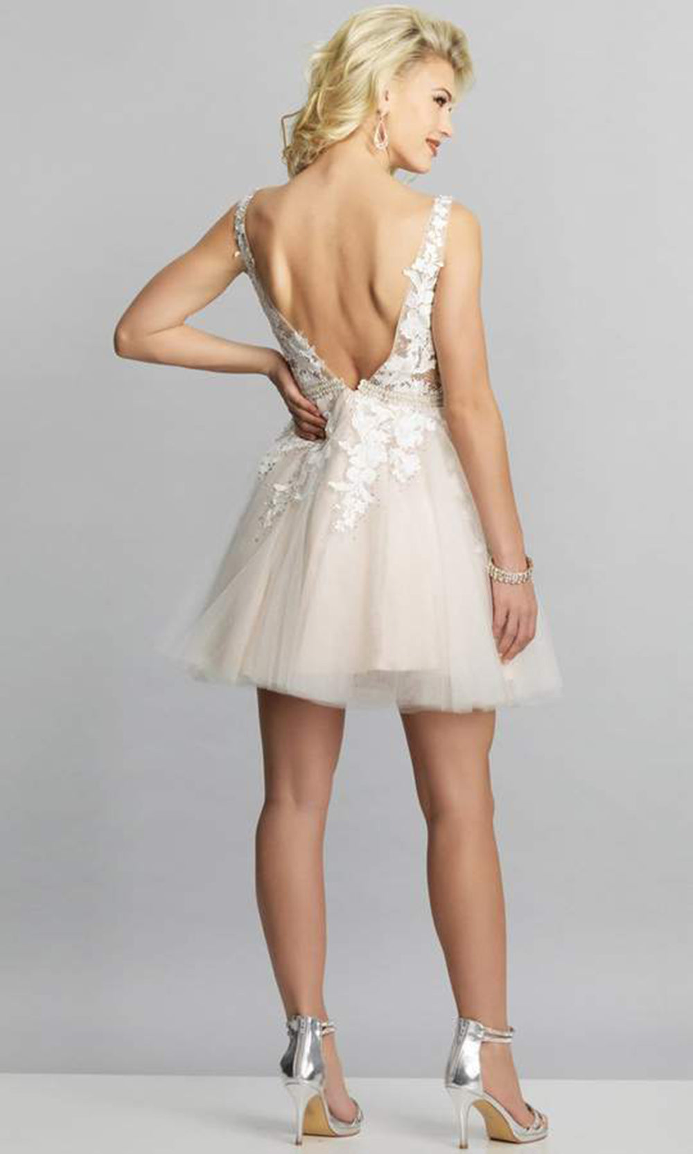 Dave & Johnny - A8341 Lace Appliqued Pearl Beaded Tulle Fit and Flare Short Dress