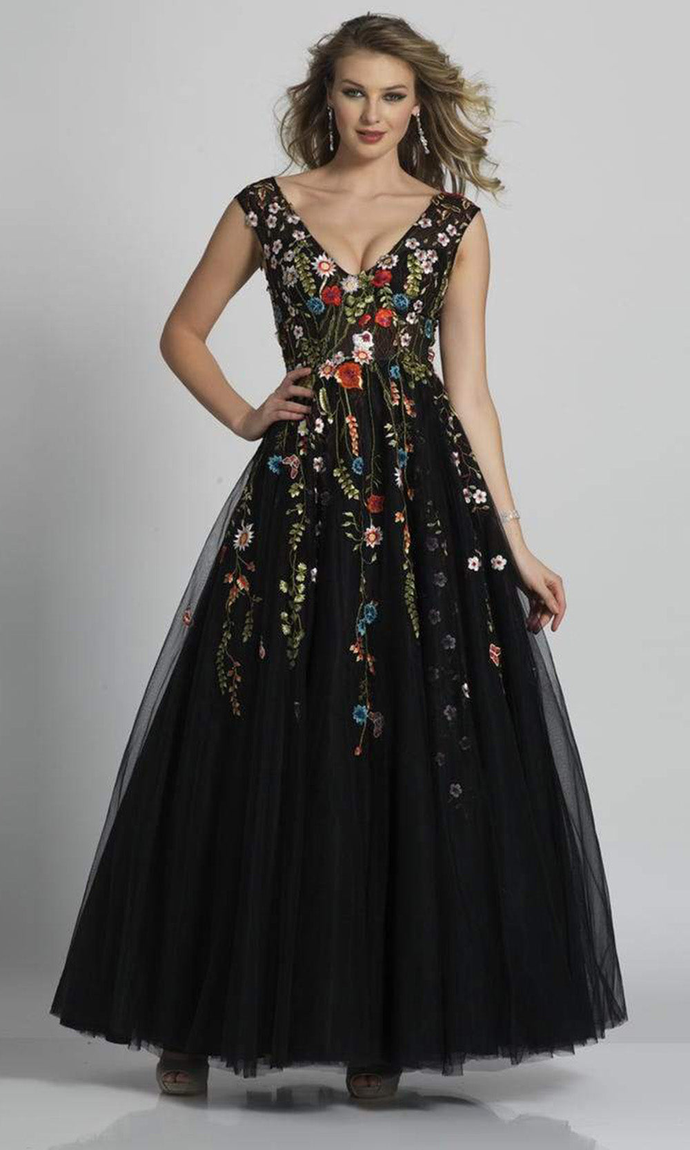 Dave & Johnny - Cap Sleeve Floral Embroidered Evening Dress A5703SC In Black