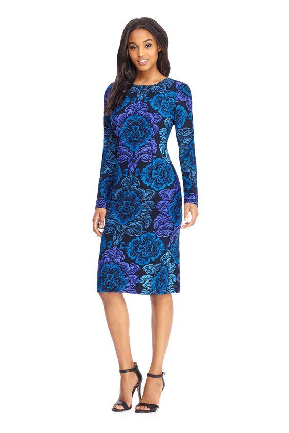Maggy London - GSF03M Long Sleeve Floral Print Crepe Dress in Blue