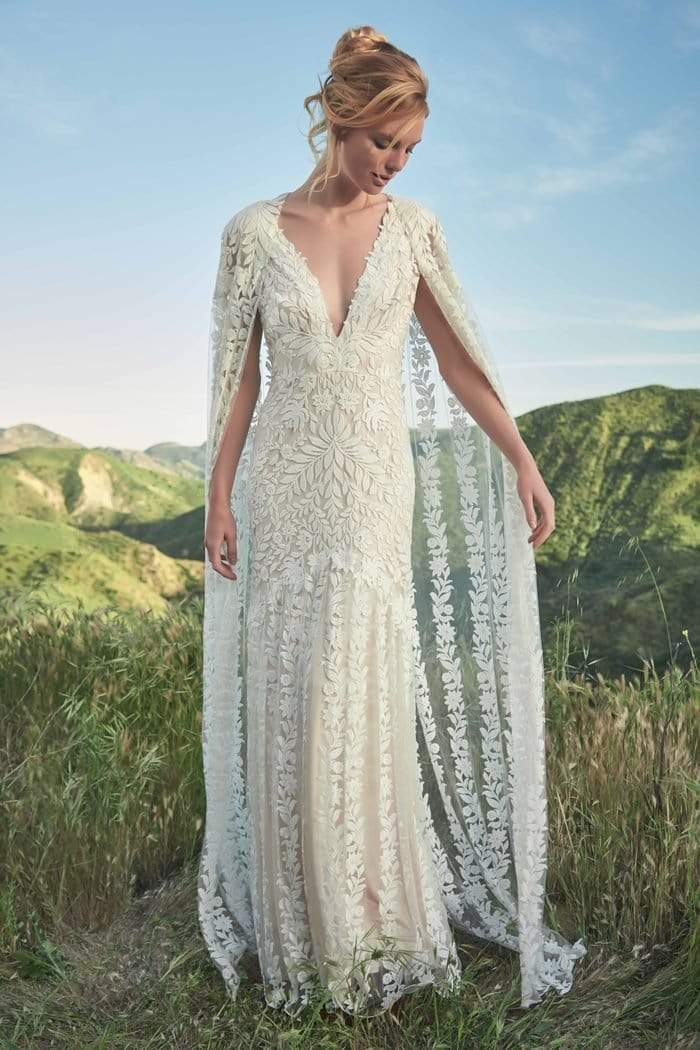 Tadashi Shoji - Embroidered Deep V-neck Fitted Dress With Cape In White