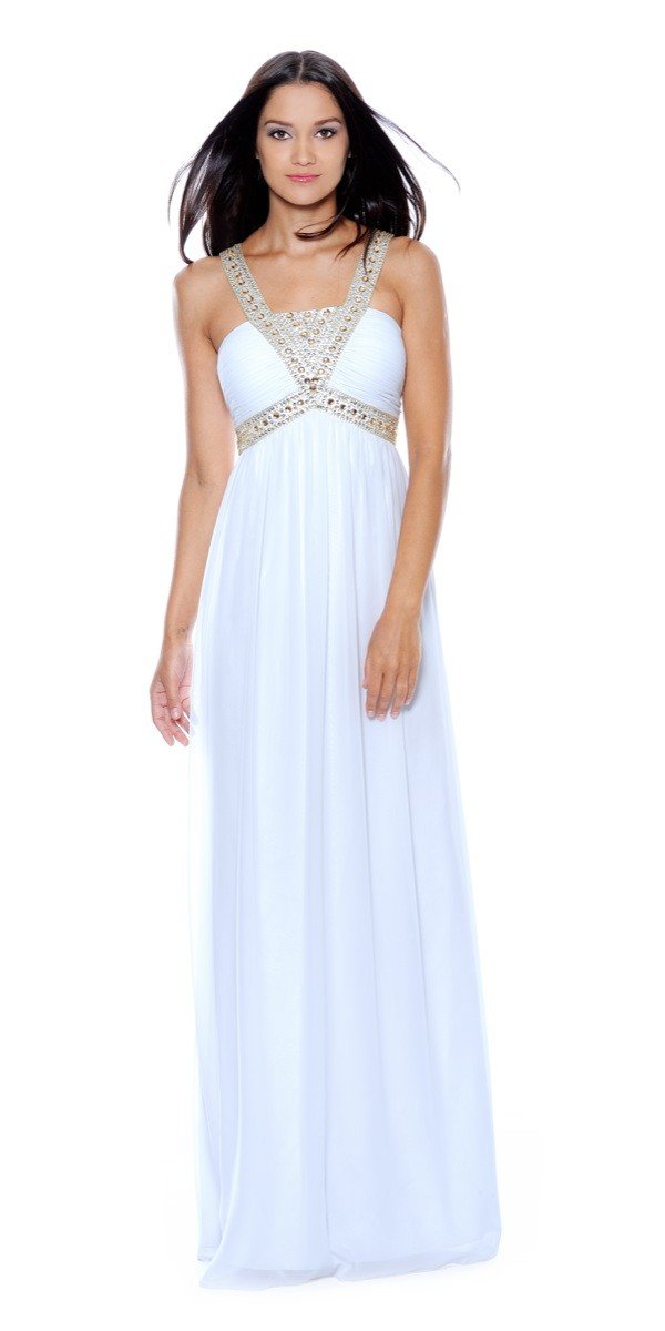 Decode 1.8 - 180467 Metallic Studded Silk Chiffon A-Line Gown in White and Gold