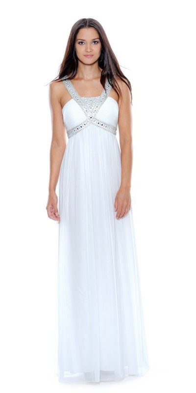 Decode 1.8 - 180467 Metallic Studded Silk Chiffon A-Line Gown in White and Silver