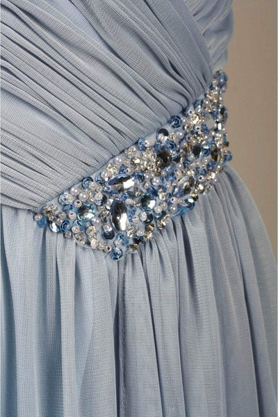 Decode 1.8 - 181489 Surplice Ruched V-Neck Jeweled Chiffon Gown in Blue