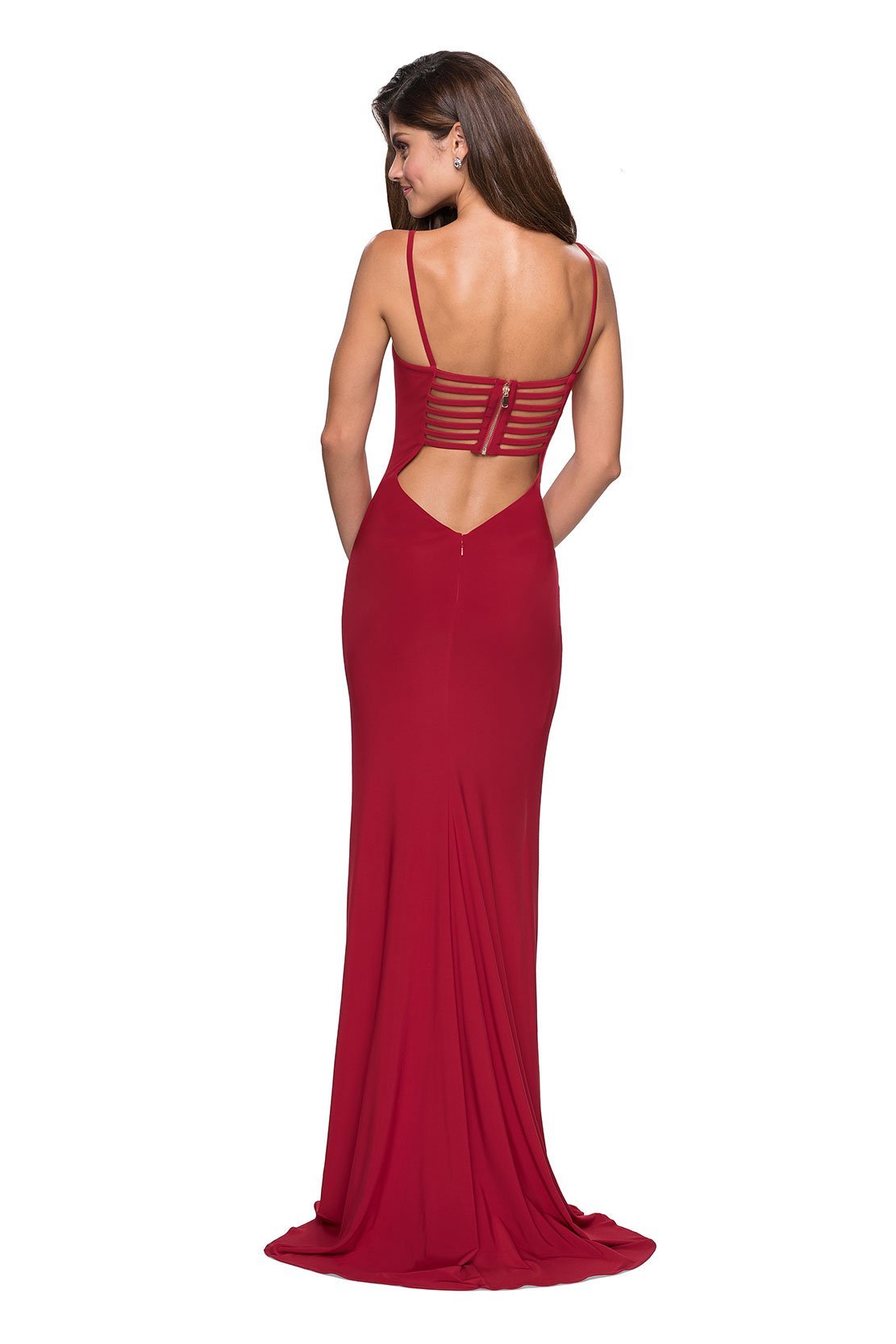 La Femme - Ladder Back Scoop Evening Dress with Slit 27469 In Red