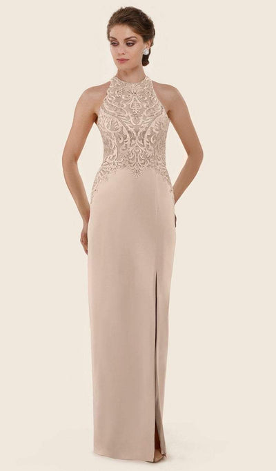 Rina Di Montella - RD2611 Beaded Lace Halter Sheath Dress Special Occasion Dress 4 / English Rose/Nude