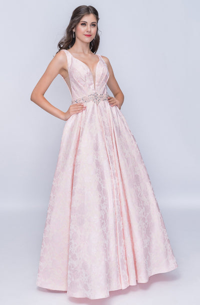 Nina Canacci - 3146 Illusion Plunging Neck Gem Embellished A Line Gown In Pink
