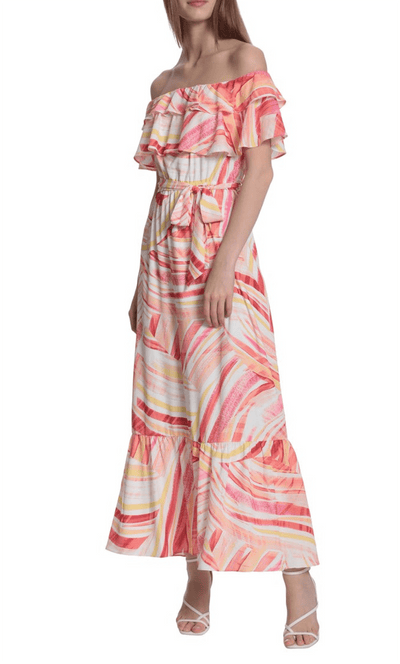 Donna Morgan D8002M - Off shoulder A-line Printed Dress Special Occasion Dress 0 / Coral