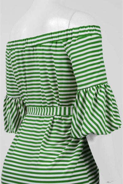 Donna Morgan - D5259M Striped Off Shoulder Bell Sleeve Dress in Red and White in Green and White