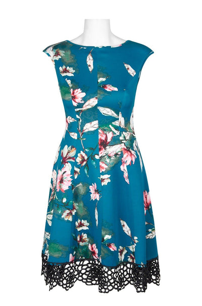 Donna Ricco - DR50916 Floral Printed Bateau Scuba A-line Dress In Green and Multi-Color