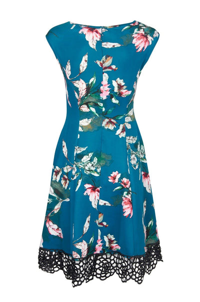 Donna Ricco - DR50916 Floral Printed Bateau Scuba A-line Dress In Green and Multi-Color