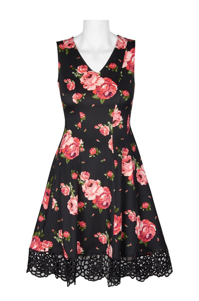 Donna Ricco - DR50925 Floral Printed V-neck Scuba A-line Dress In Black and Red