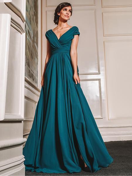 Marsoni by Colors - Gathered V Neck Off Shoulder A-Line Gown M251 In Green