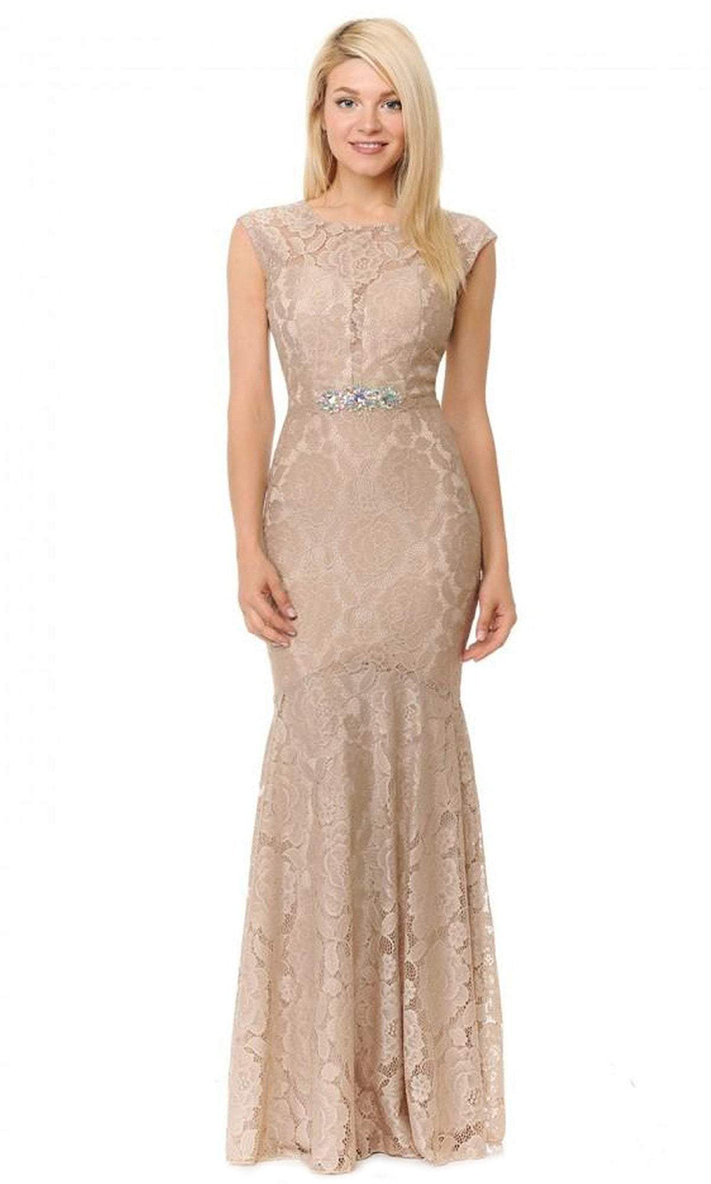 Lenovia - Lace Cap Sleeve Jewel Neck Mermaid Dress 5199 - 2 pcs Nude In Size S and M Available CCSALE S / Nude