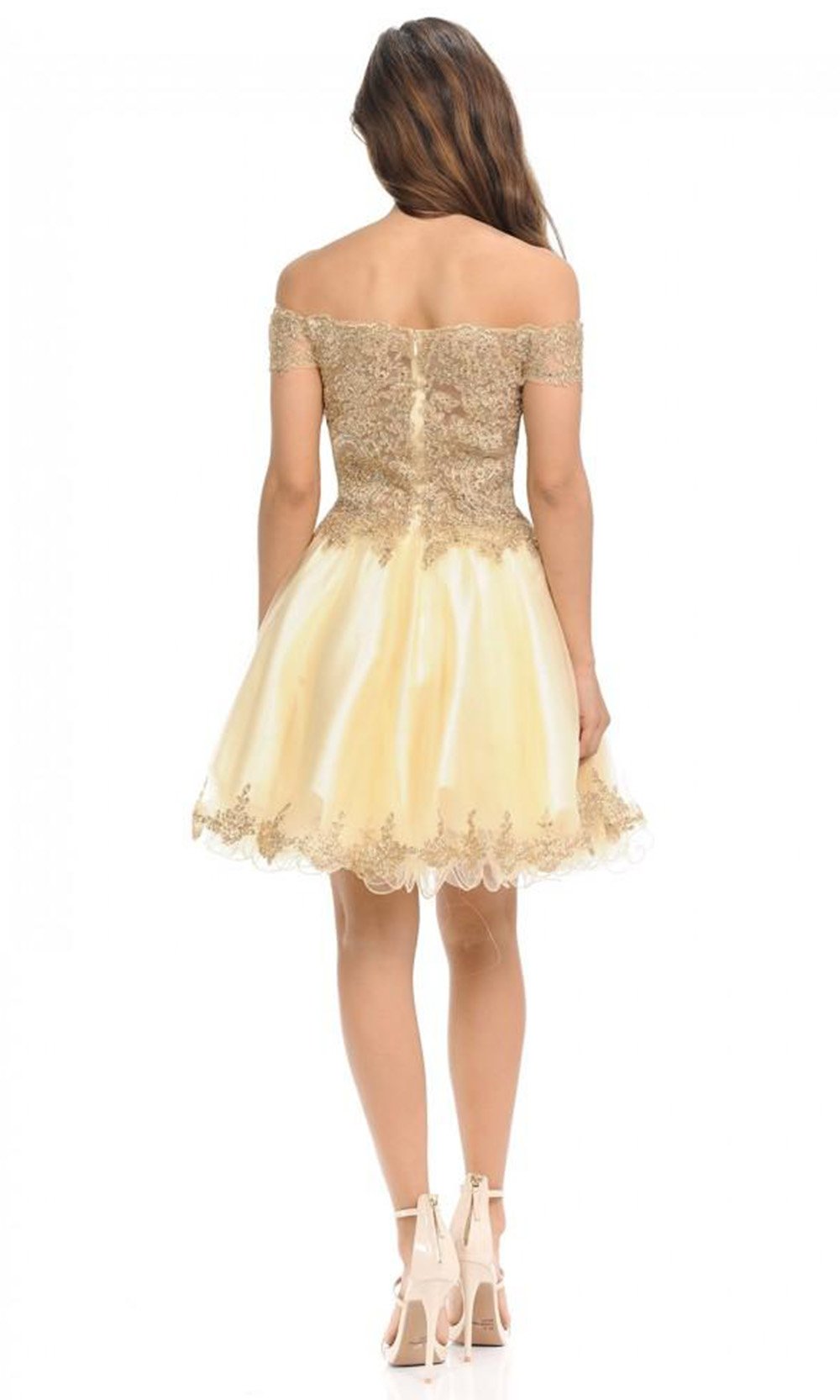 Lenovia - Off Shoulder Gold Lace Appliqued Cocktail Dress 8124 In Neutral and Gold