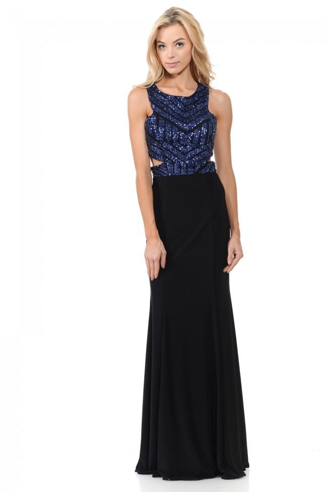Lenovia - 5146 Geometric Sequined Halter Sheath Dress In Black and Blue