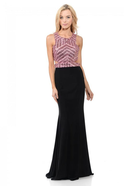 Lenovia - 5146 Geometric Sequined Halter Sheath Dress In Black and Pink