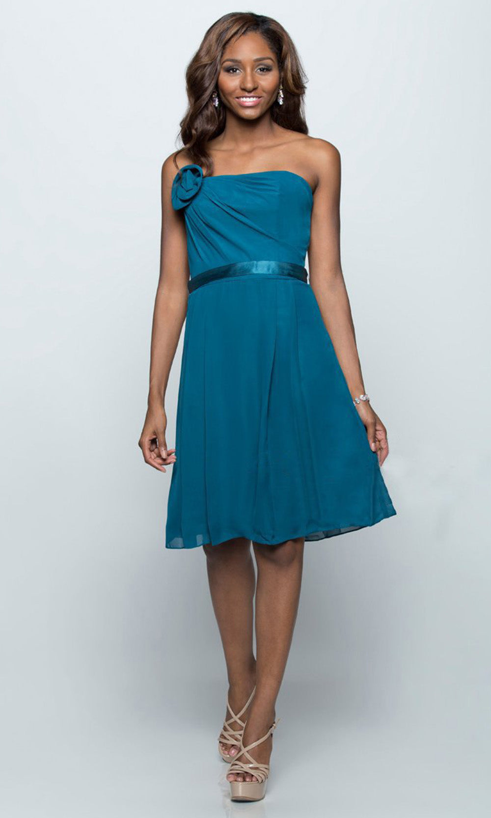 Milano Formals - Floral Accented Strapless A-Line Dress in Blue and Green